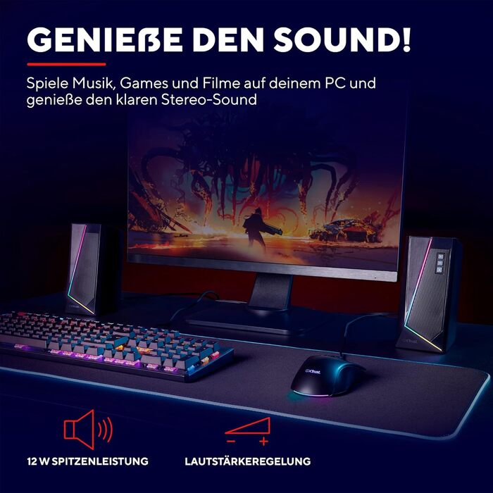 Trust Gaming GXT 606B JAVV 2.0: Комп'ютерні колонки з RGB підсвічуванням, 12W, USB, для ПК та ноутбука (Чорний)