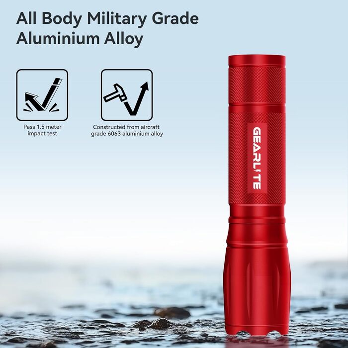 LED ліхтарик Gearlite 2 шт. 2000 люмен, 5 режимів, водонепроникний IP65, для кемпінгу, туризму, дітей, надзвичайних ситуацій (червоний)