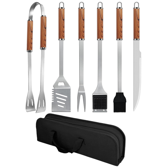 Набір гриль-посуду, 6 предметів, нержавіюча сталь, з сумкою. Професійний набір для гриля, барбекю, кемпінгу