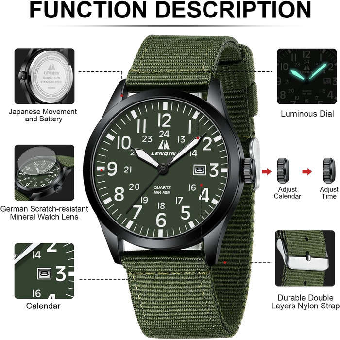 Годинник чоловічий LN LENQIN Military 30M водонепроникні годинники з датою, тактичний годинник для спорту, армійський стиль, ремінець з нейлону (зелений, чорний, білий)