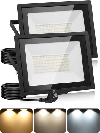 LED прожектор для вулиці з вилкою і кабелем 1,5 м, 3000K/4500K/6500K, 5000 Лм, IP66, пам'ять, 100 Вт, для двору, саду, гаража, спортмайданчика (2 шт)