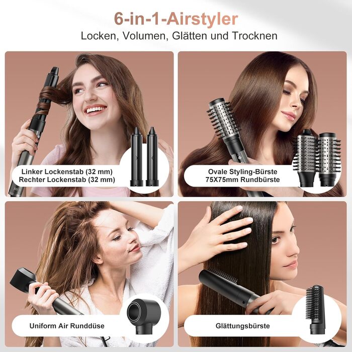 7MAGIC Airstyler 6-в-1: фен-щітка, плойка, завивка, іонізація, для волосся, подорожей, сріблястий