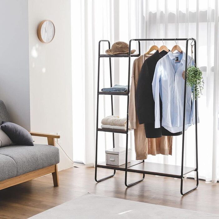 Iris Ohyama Clothes Rack with Wooden Shelves, 4 Levels, White, Modern Design, Robust Frame, Non-Slip, For Bedroom, Studio, Closet, Clothes & Shoes, Laundry Rack, Easy Assembly, (Black, 2 Shelves + Panels)