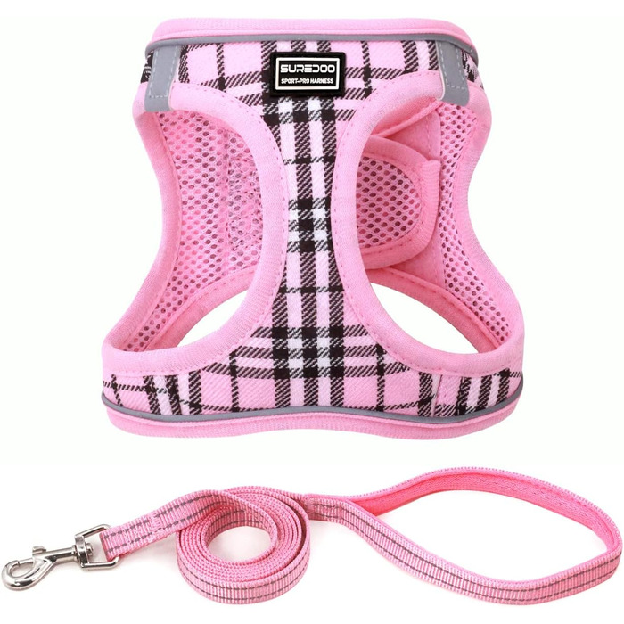 Шлейка для собак Suredoo для маленьких та середніх порід, антинатяжна, дихаюча, з повідком (рожевий в клітинку)