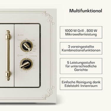 Мікрохвильова піч Klarstein Victoria 20 - вбудована, 20 л, 800 Вт, гриль 1000 Вт, нержавіюча сталь, з рамкою, кремовий колір