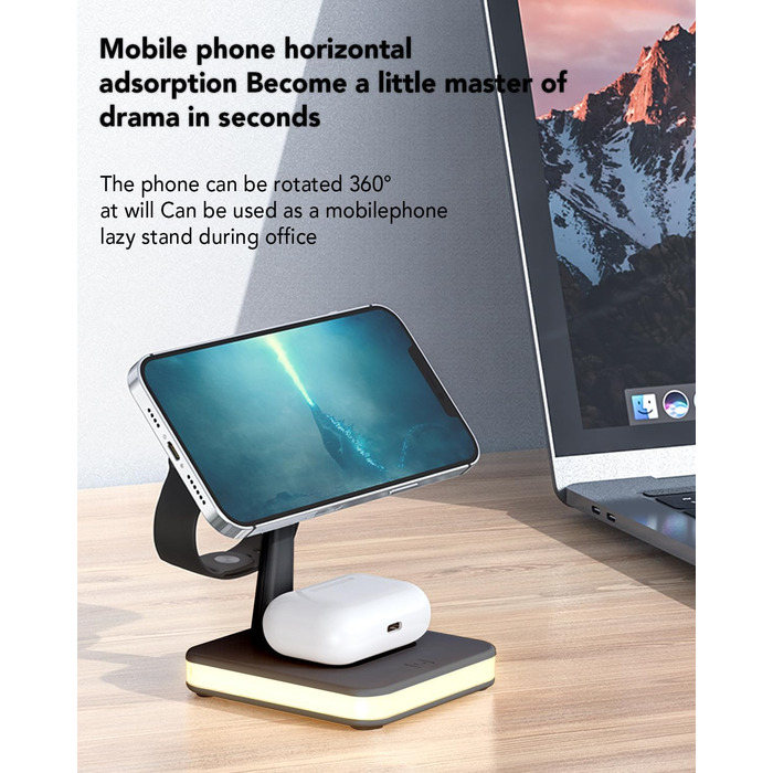 Бездротовий зарядний пристрій 4-в-1 з підсвічуванням та USB-портом для Apple iPhone, iWatch, AirPods (Чорний)