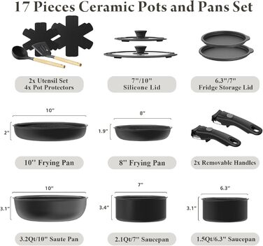 Набір посуду з кераміки, 17 предметів: каструлі та сковорідки, антипригарне покриття, для індукційних плит, без PFAS/PFOA, чорний