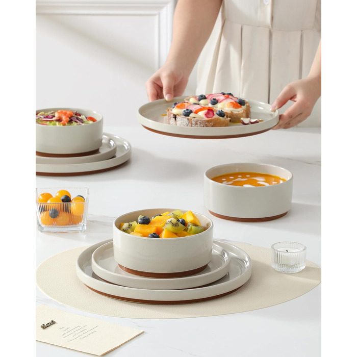 MALACASA Набір посуду з каменю 6 осіб, 18 предметів: тарілки, миски, керамічний сервіз з глазур'ю 