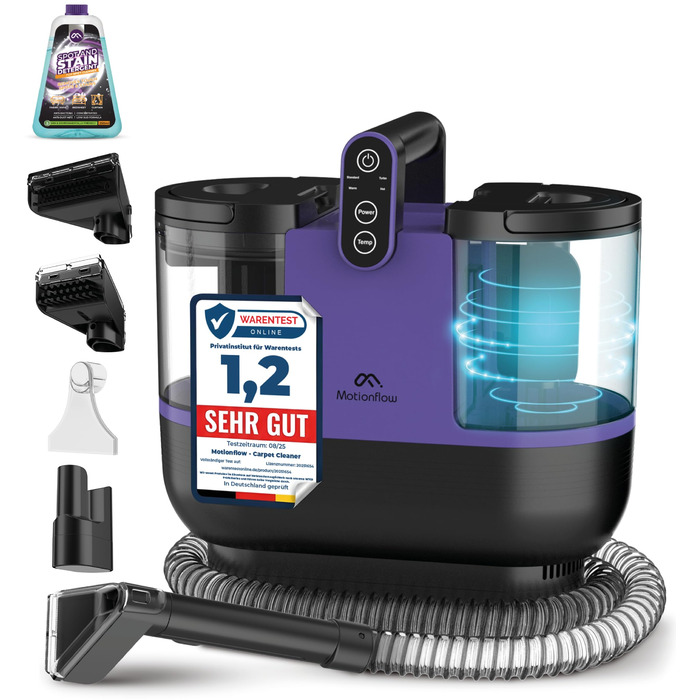 Теперішній мийний пилосос Motionflow з нагрівом - 1200W для килимів, меблів, авто. 4 насадки, самоочищення, 15с нагрів. Чорний