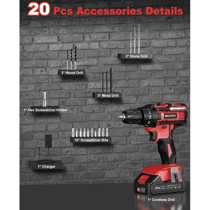 Акумуляторний шуруповерт 21V з набором 2 акумуляторів та 14 аксесуарів, кейс, 42Nm, 18+1 режимів, 2 швидкості, патрон 10мм, для дому (21VEU-1Akku)