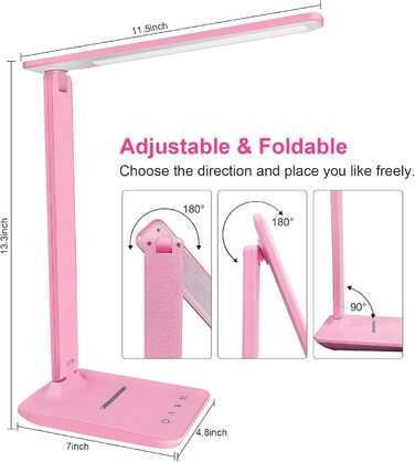 Лампа настільна LED Jumoking з регулюванням яскравості та захистом очей, 5 кольорів, 5 рівнів яскравості, USB-порт для зарядки, сенсорне керування, рожева (Pro)