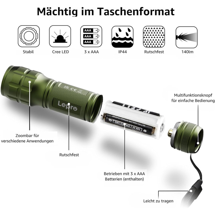 LED ліхтарик Lighting EVER: компактний, яскравий, з регулюванням фокусу. Водонепроникний ліхтарик для дітей, кемпінгу, відпочинку на природі та надзвичайних ситуацій (зелений, 1 шт.)