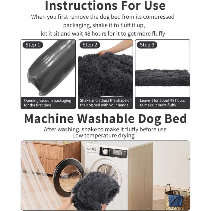 М'яке собаче ліжко для середніх собак, 95 x 65 см, з довгим пухнастим покриттям, знімне, з антиковзною основою, ортопедична підстилка, темно-сірий колір