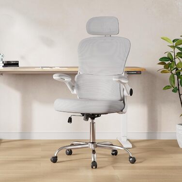 Офісне крісло Devaise ергономічне з підтримкою попереку, 3D-підголівником, регульованими підлокітниками та сітчастою спинкою, для офісу та дому, до 150 кг (сірий)