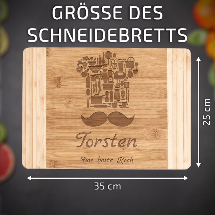Maverton Bamboo Cutting Board with Engraving - Serving Board - Charcuterie Board solid wood - Size: 35x25 cm - Cutting board for men - for birthdays - for Christmas - chef's hat