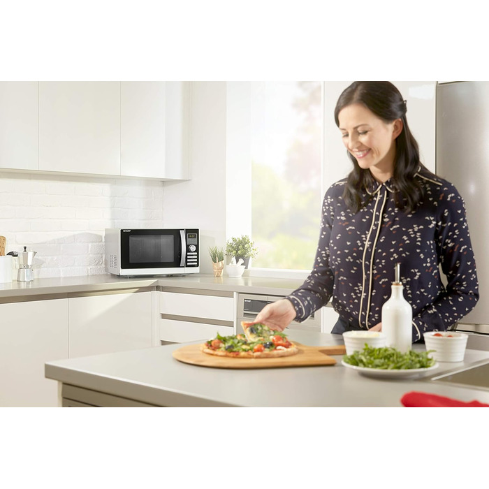 Мікрохвильова піч SHARP 843 INW з грилем та конвекцією – 25 л, 900 Вт, 10 автоматичних програм, камера з нержавіючої сталі, LED-дисплей, блокування від дітей, режим економії енергії, срібно-чорний колір, 4 в 1
