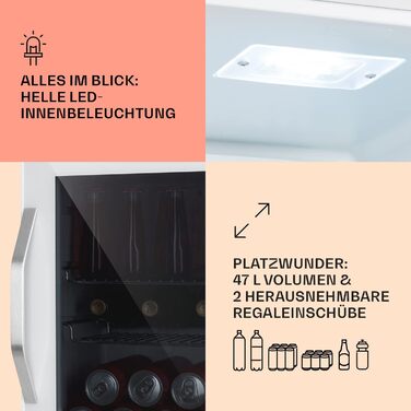 Міні-холодильник Klarstein з скляними дверцятами, для кімнати, барний холодильник з регульованими полицями, компактний, для дому/на вулицю, тихий (47 л, білий)