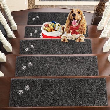 BEQHAUSE Килимки на сходи нековзні, 15 шт., машинне прання, самоклеючі, для дітей, літніх людей та домашніх тварин, 100% поліестер, TPE-підкладка, 22x70 см, темно-сірий, 15 шт.