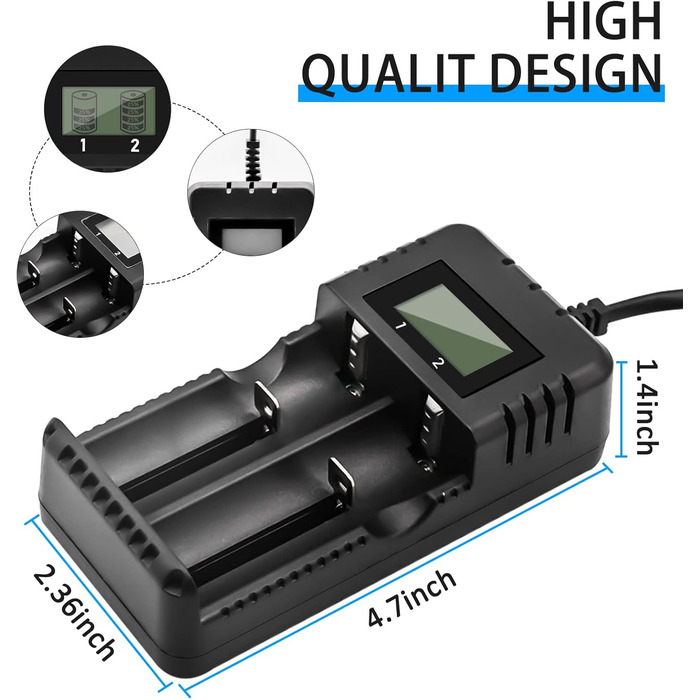 Зарядний пристрій для акумуляторів Li-Ion з LCD-дисплеєм, 4 слоти, швидка зарядка, сумісний з 26650/18650/14500/16340