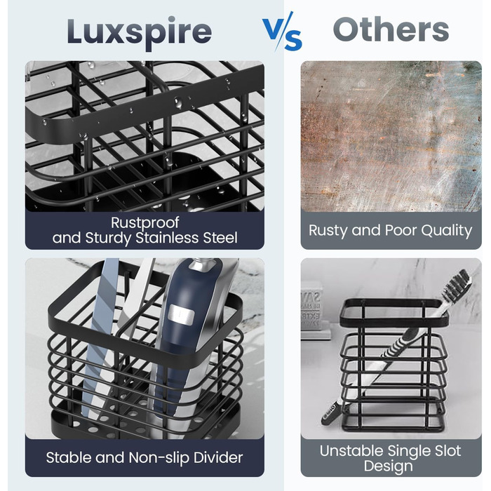 Підставка для зубних щіток Luxspire, електрична, з нержавіючої сталі, настінна без свердління, чорна, 2 слоти