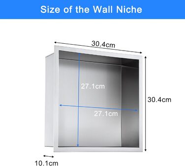 KINKIBOS Wall Niche Shower Stainless Steel, No Tiles Required, Recessed Shower Niche 30 x 30 x 10 cm, Shower Niche Single Shelf Storage