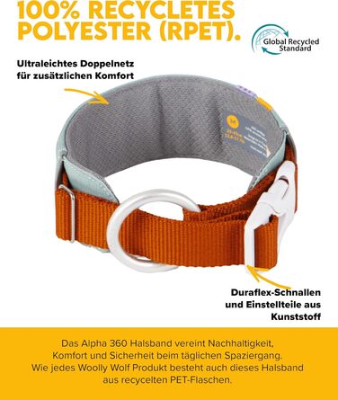 Нашийник для собак середнього розміру Woolly Wolf Alpha 360, розмір M, колір Гляцієрово-зелений - екологічний, зручний, з відбиваючими елементами для безпеки