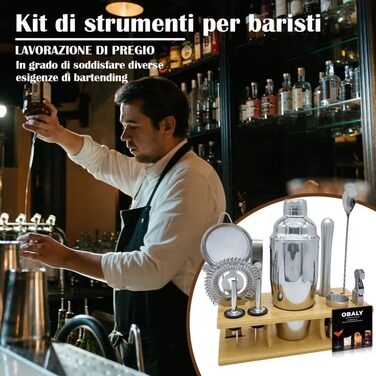 Набір бармена OBALY Barkeeper Kit: шейкер, мадлер, аксесуари для коктейлів (25oz) з бамбуковою підставкою. З рецептами коктейлів. Сріблястий колір