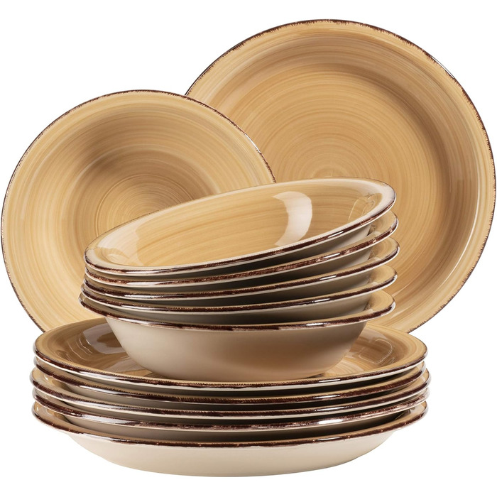 MÄSER Bel Tempo II Dinnerware Set for 6 People with a Modern Vintage Look, 12-Piece Tableware Service, Hand-Painted, Turquoise, Stoneware, 27 centimeters