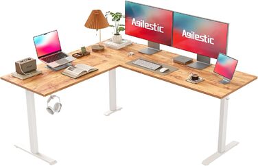Agilestic L-подібний електричний стіл для роботи стоячи з 2 шухлядами, 160 см, ергономічний регульований по висоті письмовий стіл з місцем для зберігання, кутовий стіл для домашнього офісу, рустикальний коричневий, 160x140 см