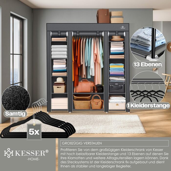 KESSER® Wardrobe Fabric Closet, Stable with Clothes Rail & Shelves, Incl. 5x Clothes Hangers, Fabric Folding Closet for Bedroom, Dressing Room Wardrobe with Clothes Rack 150x45x175cm Anthracite