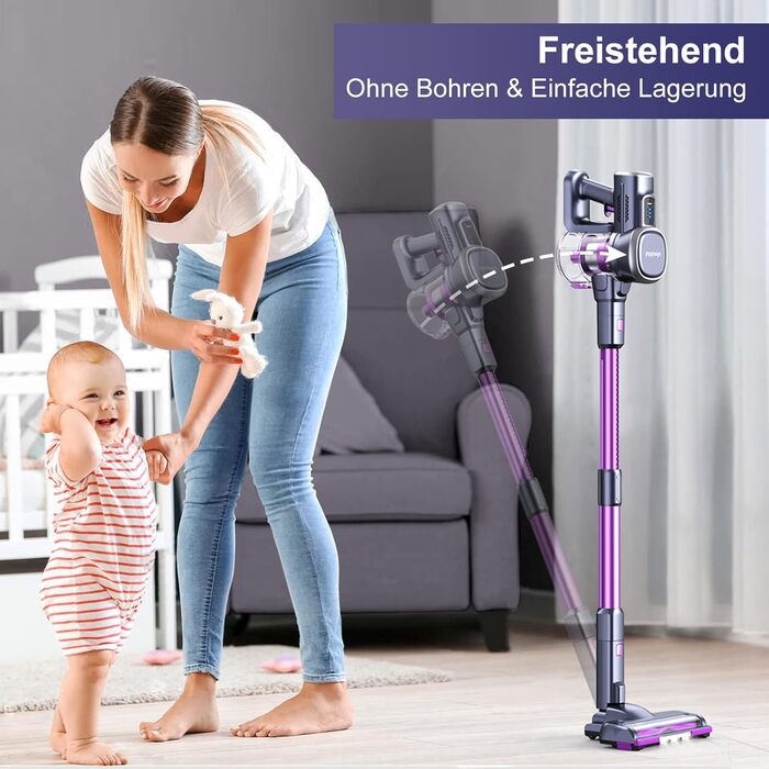 Бездротовий акумуляторний пилосос Lubluelu з потужністю всмоктування 25000Pa, час роботи до 50 хвилин, знімний акумулятор, для твердих поверхонь, шерсті тварин, килимів, фіолетовий