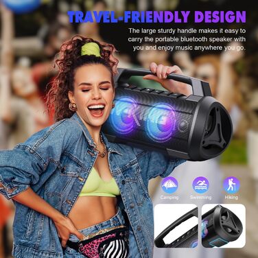 W-KING Bluetooth колонка 120W з басом 70W, портативна Party-Box IPX6, 42 год, BT 5.4, DSP, EQ, стерео, RGB, для кемпінгу, пляжу, саду, вечірок, чорна