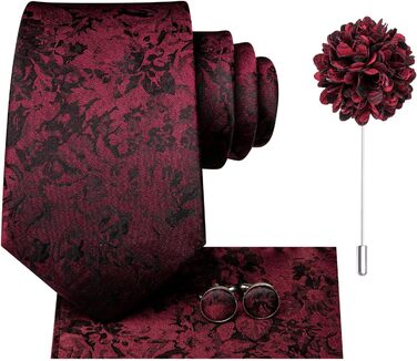 Набір краваток для чоловіків Hi-Tie: краватка, нагрудна хустинка, шпильки для краватки, запонки, формальний шовк, весілля, вечірка (чорний/червоний квітковий принт)