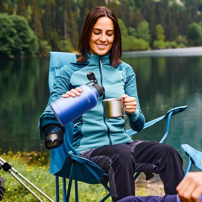 2L Stainless Steel Water Bottle with Straw, Double-Insulated 2 Liter Water Bottle with Two Lids and Protective Silicone Boot, Paracord Handle for Easy Carrying - (2000 ml, Blue)