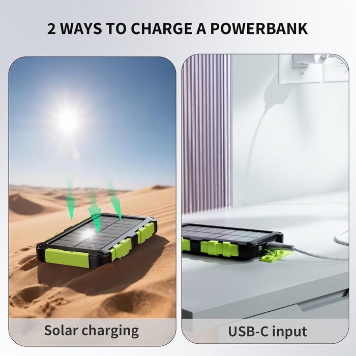 Powerbank сонячний TOENNESEN 26800mAh PD 15W: вологостійкий акумулятор з LED-ліхтариком та 3 виходами USB-C для смартфонів, планшетів, кемпінгу та подорожей (Чорний)