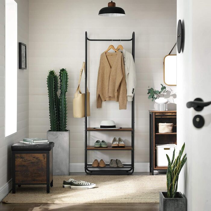 VASAGLE Coat Rack, Coat Stand, Clothes Rack with Shoe Storage, Shoe Shelf, Entryway, Bedroom, 58 x 28 x 181 cm, Scandinavian, Matt White-Gold Oak Finish HSR81WN (Vintage Brown + Black)