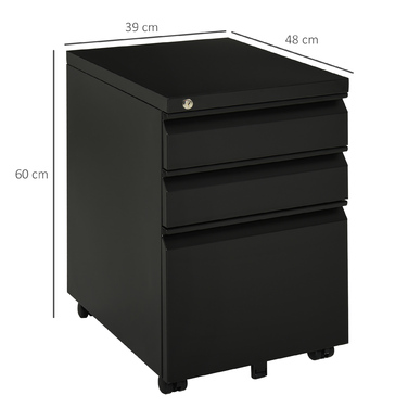 Vinsetto Rolling File Cabinet with 3 Drawers and Wheels, Concave Handle, Steel, Black for Office & Home Office