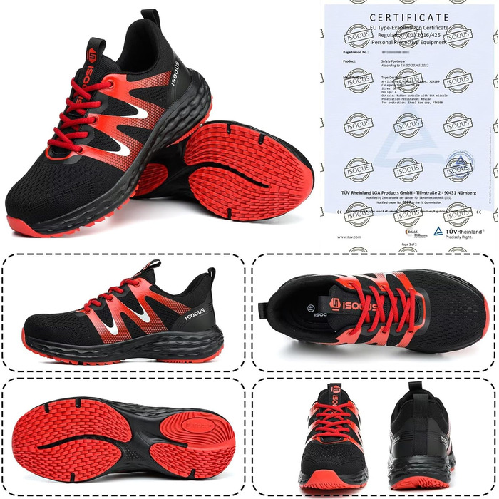 Черевики робочі ISOOUS для чоловіків та жінок, захисні черевики зі сталевим підноском, спортивні, червоні, антиковзаючі, дихаючі, 43 EU