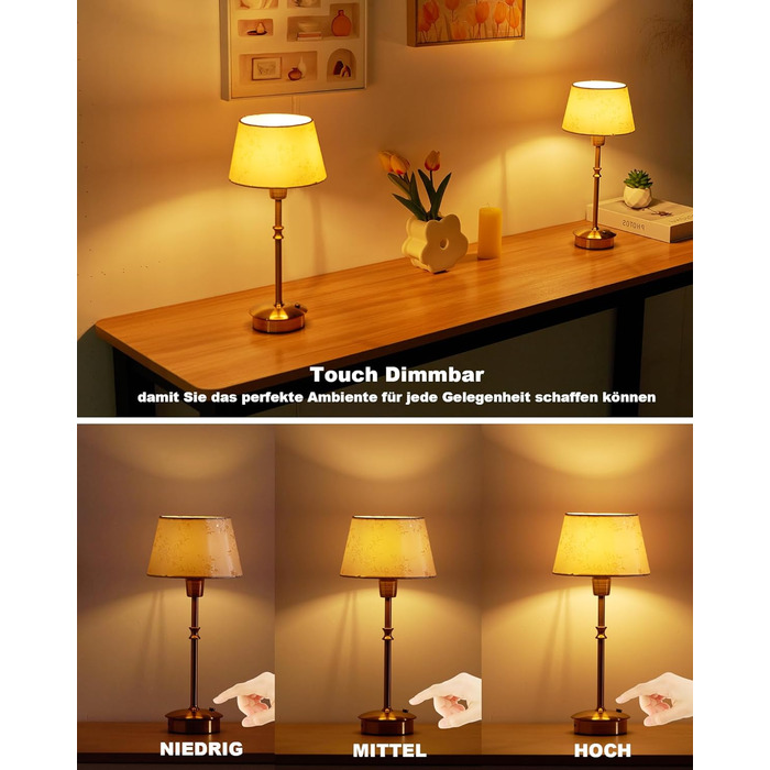 Настільна лампа OCEST на акумуляторі, сенсорне керування, регульована яскравість, для дому, кухні, тераси, їдальні (античне латунь-лінолеум), плафон з шовку 35,5 см