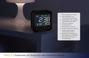 TFA Dostmann Bingo 2.0 Digital Radio Clock, 60.2552.01, High Accuracy, Radio Clock, Temperature Display, Date, L 95 x W 41 x H 96 mm White Numerals