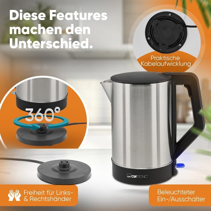 Електричний чайник Clatronic WKS 3692: 1,5 л, нержавіюча сталь, без BPA, з автовимкненням