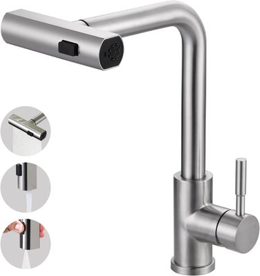 Кухонний змішувач iVIGA висувний з дозатором, водоспад, 360° поворот, 3 режими, щіткова нікель, T-подібний