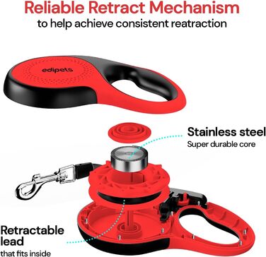 Hundeleine Edipets висувна 8 м, для собак різних розмірів, червона