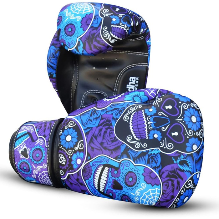 Buddha Fight Wear Luzbel Boxing Gloves - Muay Thai & Kickboxing - Premium PU Leather - Odor Resistant - Reinforced Stitching - Various Designs (16oz, Purple)