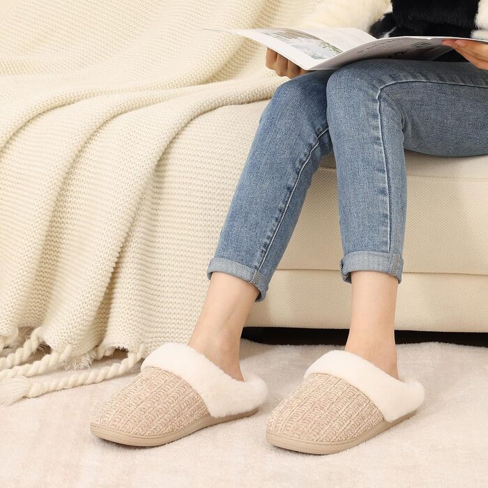 Жіночі зимові капці Evshine з плюшу та ефектом пам'яті (Memory Foam), протиковзкі, колір Khaki, розмір 44/45 EU