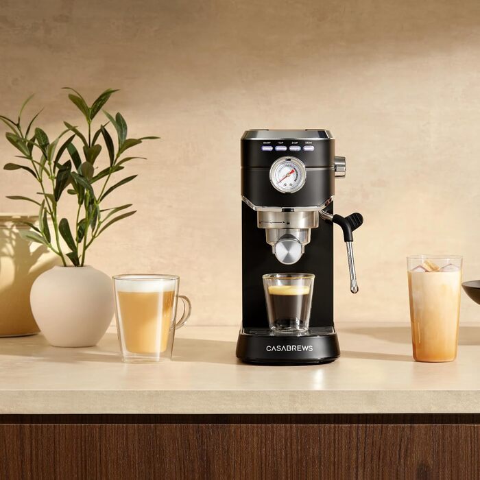 CASABREWS Еспресо-кавомашина Siebträger з нержавіючої сталі, 20 Bar, з професійним капучинатором, компактна для еспресо, капучино, лате макіато, об'єм бака 1л, чорна