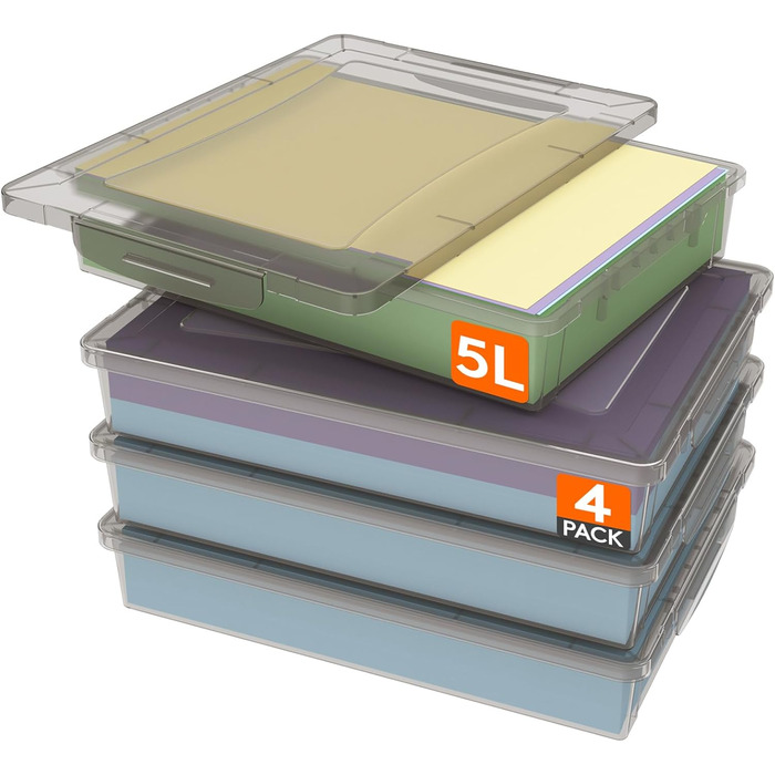 Lifewit 5L Storage Box with Lid, Plastic Box with Clip Closures, Document Box A Organizer, Multi-Purpose Boxes for Crafts, Paper, Art Supplies, Building Blocks, Tools (Gray, 4)