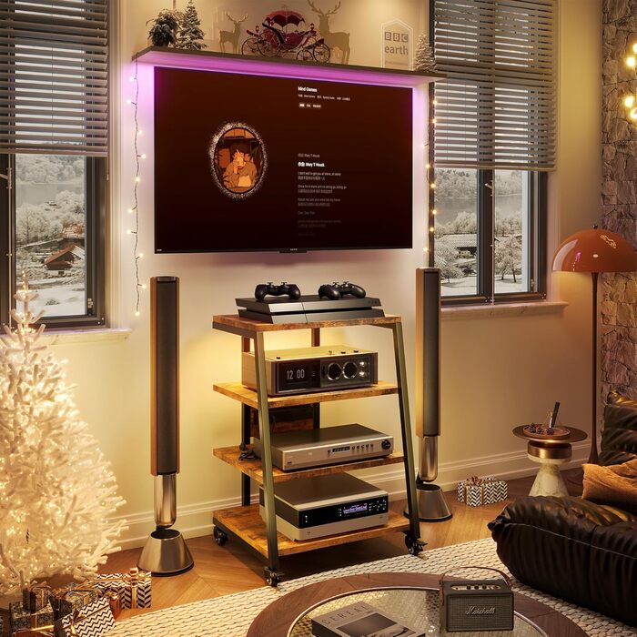Hi-Fi тумба з колесами для програвача, з розетками, LED підсвіткою, дерев'яний медіа-стійка для аудіо, стерео, TV, 60x52x78 см