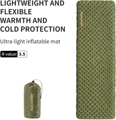 Naturehike килимок для кемпінгу Thermal 3.5R - ультралегкий, 4-сезонний (-6℃), самонадувний з надувною сумкою, високий R-значення, для зими, військовий зелений, прямокутний, XL