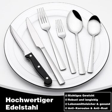 Набір столових приборів Terlulu на 12 осіб (72 шт.) з нержавіючої сталі, з ножами для стейка. Столовий набір з виделкою, ложкою та ножем. Елегантний столовий прилад для дому, ресторану, вечірки. Можна мити в посудомийній машині, квадратні краї.